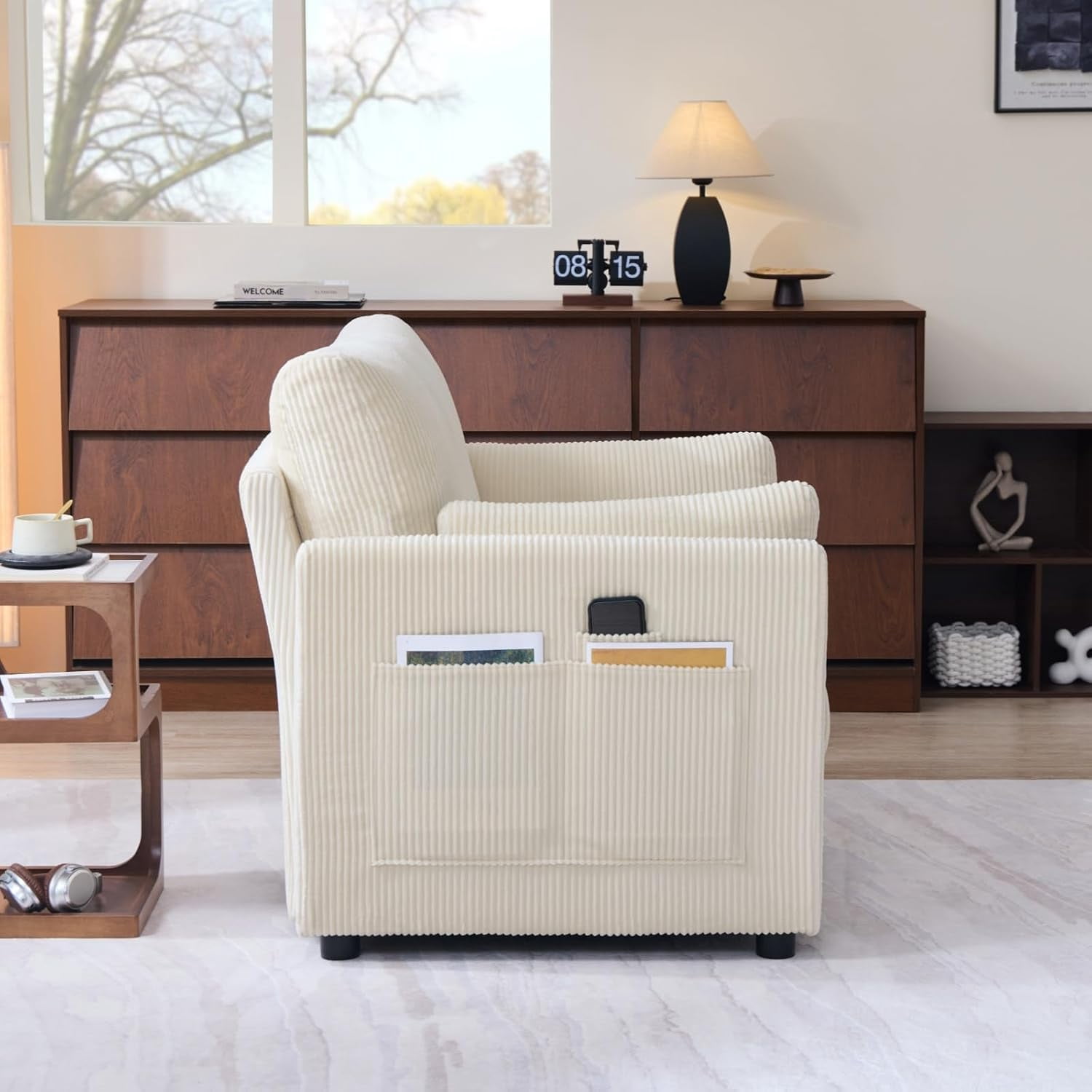 37.75" Corduroy Accent Chair, Modern Upholstered Armchair with Side Storage Pockets & 2 Pillows, Comfy Oversized Single Sofa for Living Room, Beige
