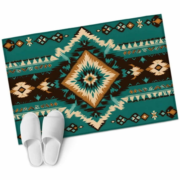 Green Southwestern Bathroom Mat 2x3 FT, Non Slip Small Kitchen Mat, Boho Vintage Ethnic Geometric Washable Soft Backed Front Door Throw Rug Non-Shedding Indoor Outdoor Doormat for Entryway Sink