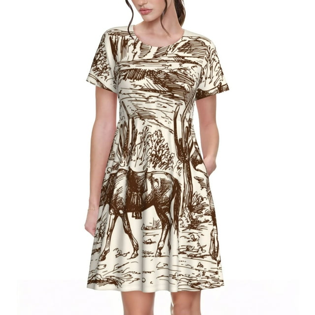 Daiia Robes Imprimées Western Desert Cowboys2 pour Femmes 2025 Tendance Manches Courtes Robes Décontractées Amples Fluides Maxi Robes de Soleil