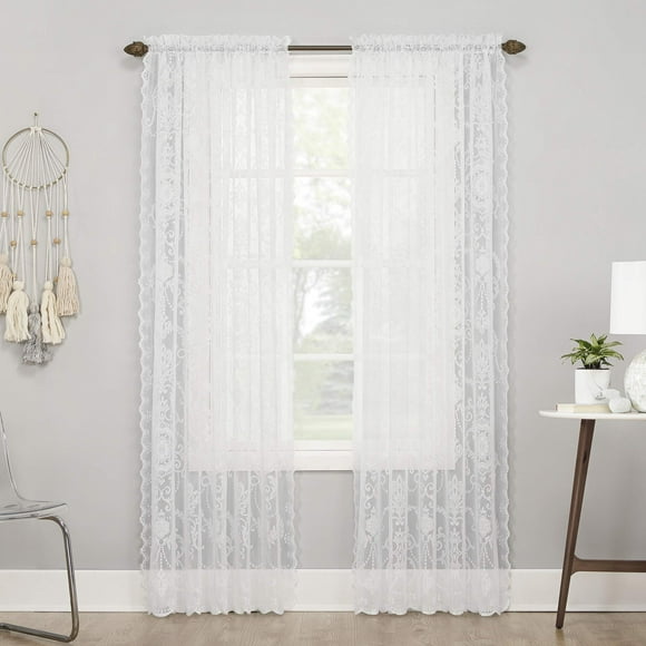 No. 918 Ariella Floral Lace Rod Pocket Curtain Panel, 58" x 63", White