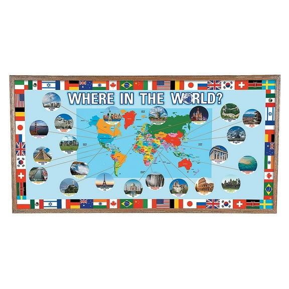 Fun Express 63 Pieces Around The World Bulletin Board Set, Educational Classroom Decorations, Multicolor