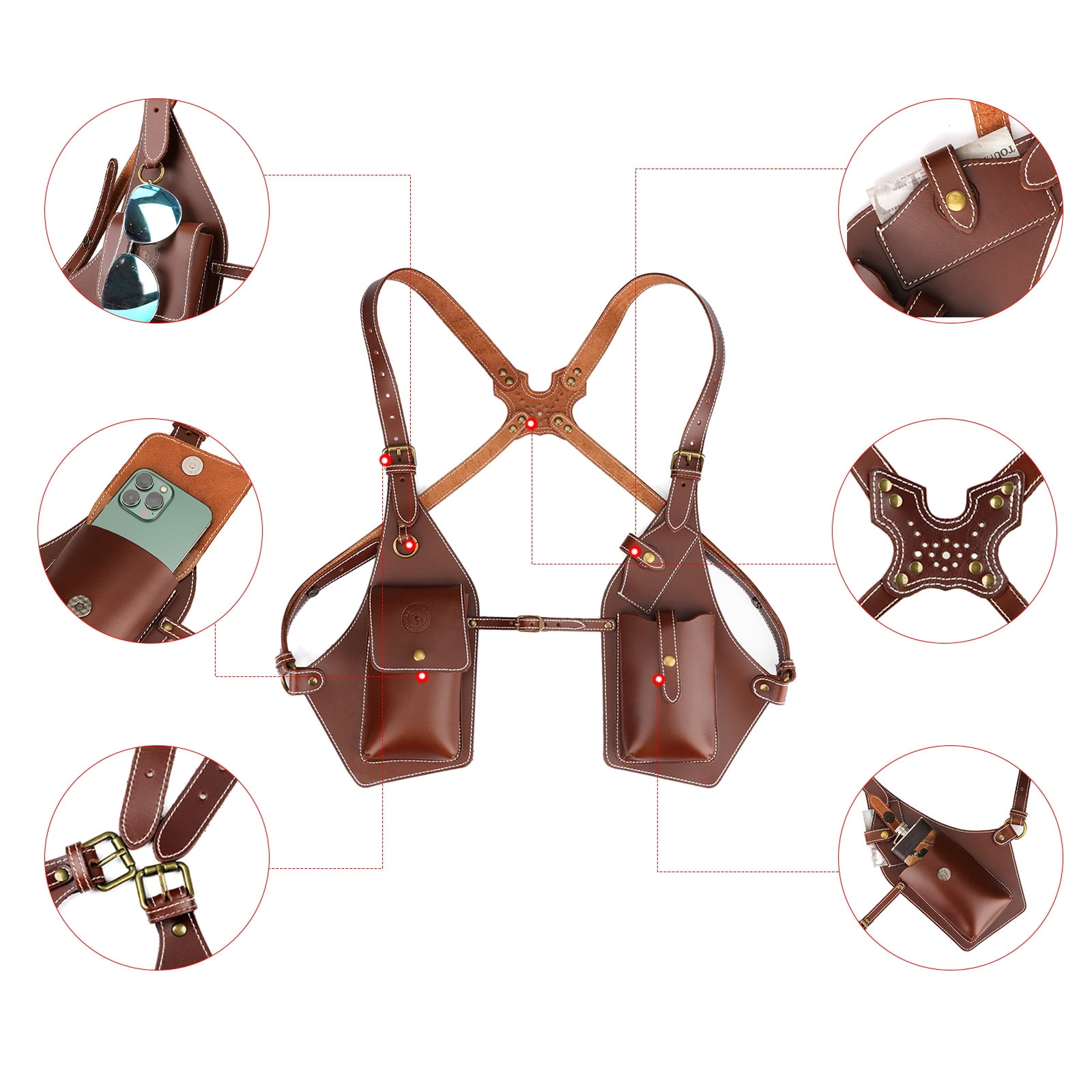 TOURBON Leather Tool Suspenders Bag Vintage Brown Shoulder Strap Tool Pouch for Phone Fully Adjustable