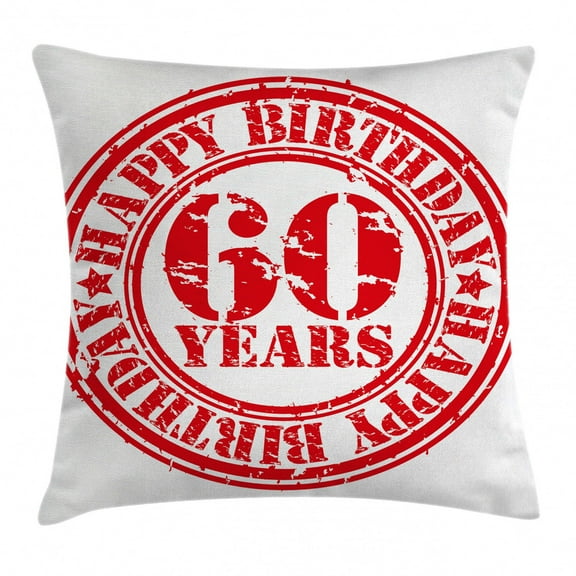 60th Birthday Decorations Throw Pillow Cushion Cover, Abstract Grunge Happy Sixty Party Theme Stamp Slogan Print, Decorative Square Accent Pillow Case, 20 X 20 Inches, Red and White, by Ambesonne