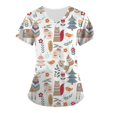 

ELFINDEA Animals Printed Pocket Scrubs Blouses for Women V Neck Short Sleeve Womens Tops
