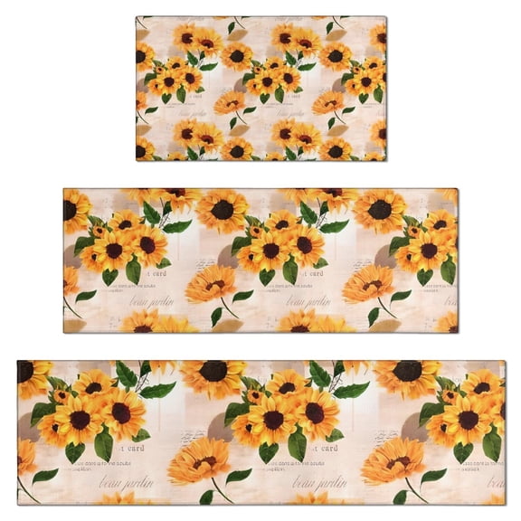 Beige Sunflower Letter Pattern Kitchen Rugs Sets Of 3,Kitchen Runner Rugs Non Skid Washable,Decorative Kitchen Floor Mats for Kitchen,Sink,Laundry,17"x30" 17"x47" 17"x59"