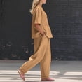 thumbnail image 4 of Linen 2 Piece Outfits for Women Linen Shirt and Shorts Co Ord Sets Button Drawstring Waist Loose Shorts Ladies Tracksuit Summer Beach Vacation Travel Clothes Khaki XXXL, 4 of 7