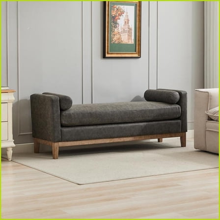 Upholstered Bench, 66.34”W Slate Gray Retro with Wood Legs & Bolster Pillows for End of Bed, Living Room | Polyurethane(PU) | Slate Gray