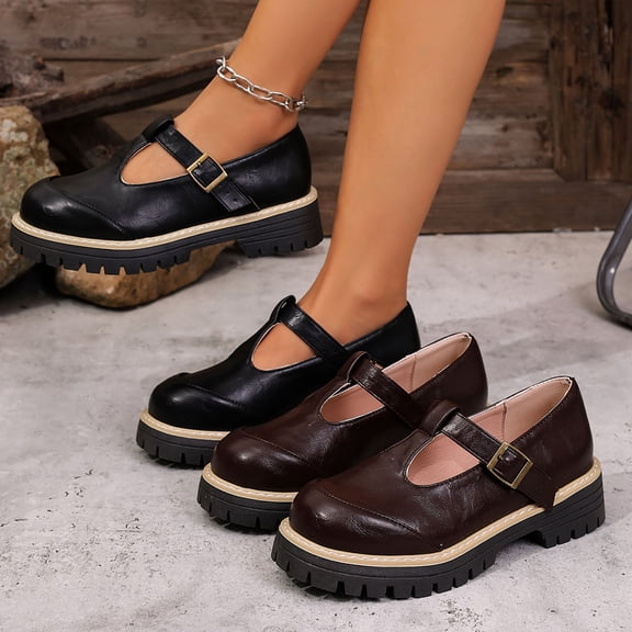 Women's Mary Jane Platform Shoes, Faux Leather Adjustable Buckle Loafers, Non-Slip Chunky Sole Wide Width Casual Dress Shoes for Daily Work Spring, Black/Brown