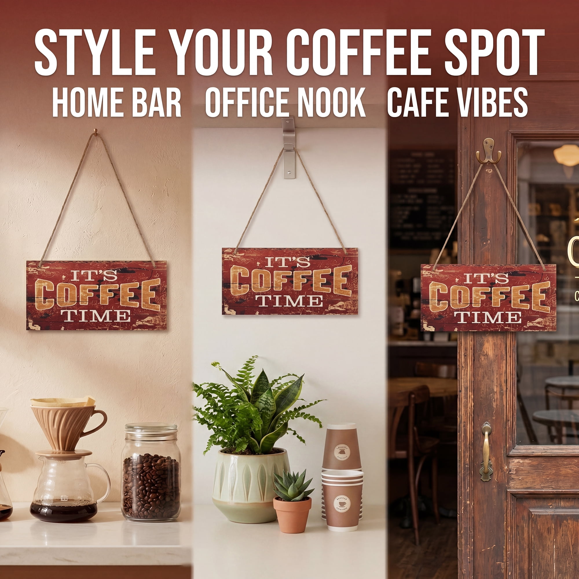 Unique Bargains Coffee Bar Sign Station Decor Rustic Wood Hanging Plaque Style J 3.9in