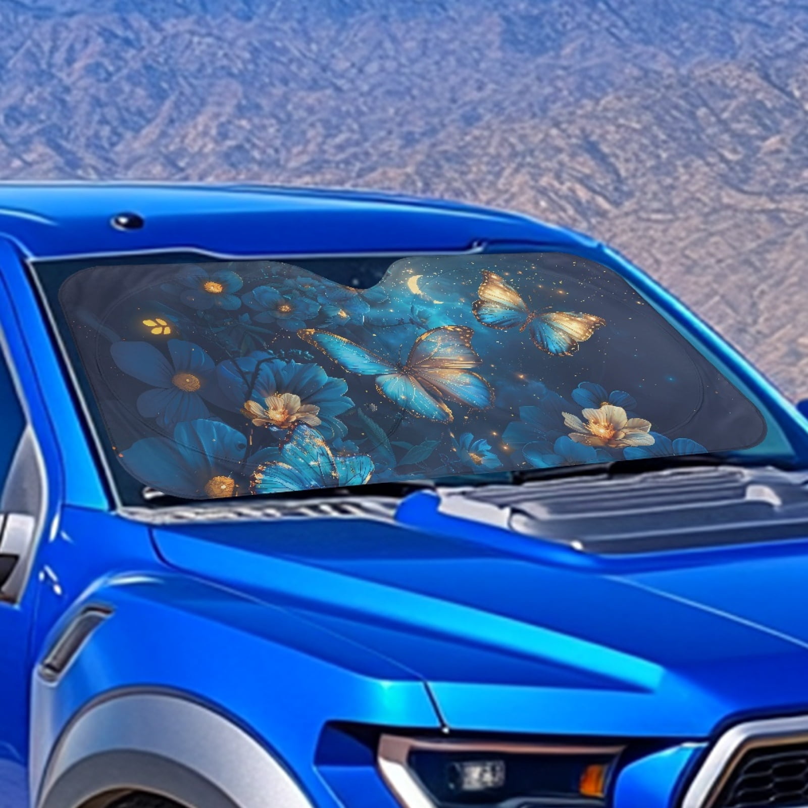 Jeiento Blue Butterfly Automotive Windshield Sunshades Easy to Install Folding Car Sun Shade for Front Window Sun Shade for UV Protection Car Interior Accessories for Sun Heat
