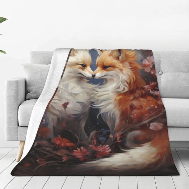 Fotbe Romantic Flower Fox Couple Manta de Franela Acolchonada con Estampado, Súper Suave y Esponjosa, Extra Grande para Sofá, Cama, Uso Todo el Año-40"x30"