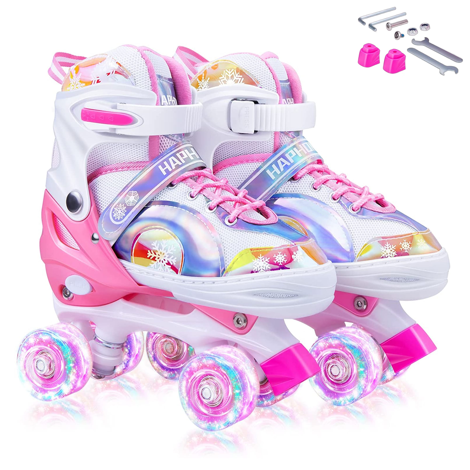 Kids Inline Skates Adjustable Safe Illuminating Wheel Roller Skates Size S Pink 