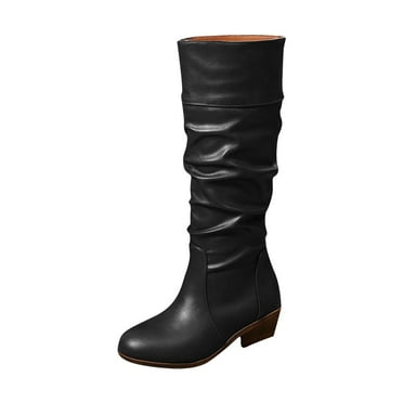 DeHolifer Boots for Women Wide Calf Chunky Heel Pleated Knee High Boots Winter Fashion Round Toe Boot Casual Anti Slip Shoes