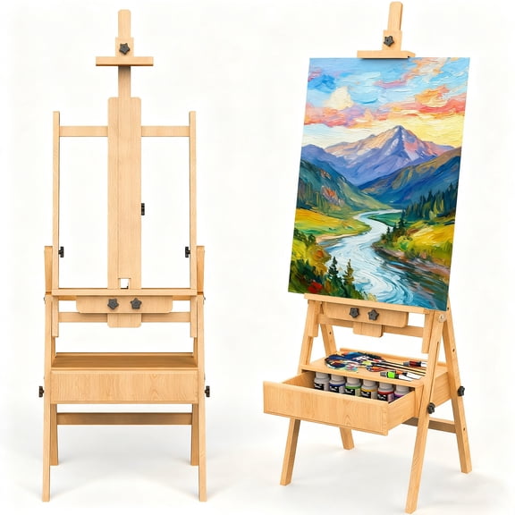 Beech Wood H-Frame Easel with Storage Box, Adjustable Art Easel, Foldable Painting Easel Stand for Adults and Students, Supports Canvases up to 48 inches