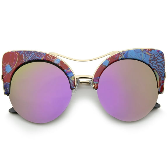 sunglassLA Unisex Women's Flat Lens Floral Print Semi-Rimless Round Cat Eye Sunglasses (Red-Blue-Floral / Purple Mirror) - 52mm