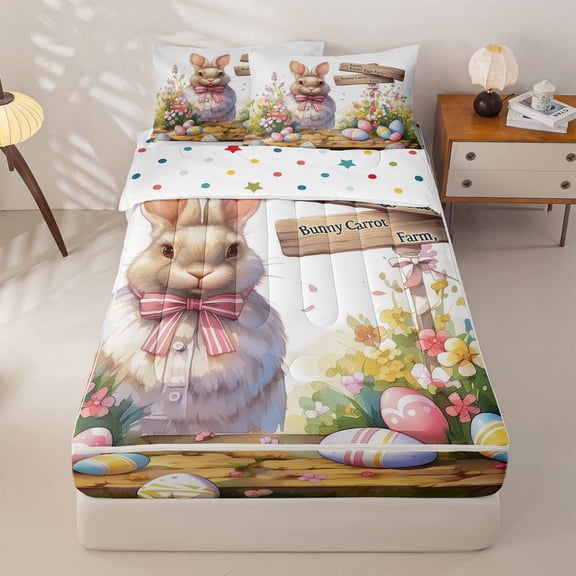 Homewish Colorful Easter Eggs Kids Zipper Twin Comforter Sets with Fitted Sheet and 2 Pillowcases,Rustic Farm Animal Bunny Multicolor Flowers Zipper Bedding Set For Girls,Reversible,4-Piece