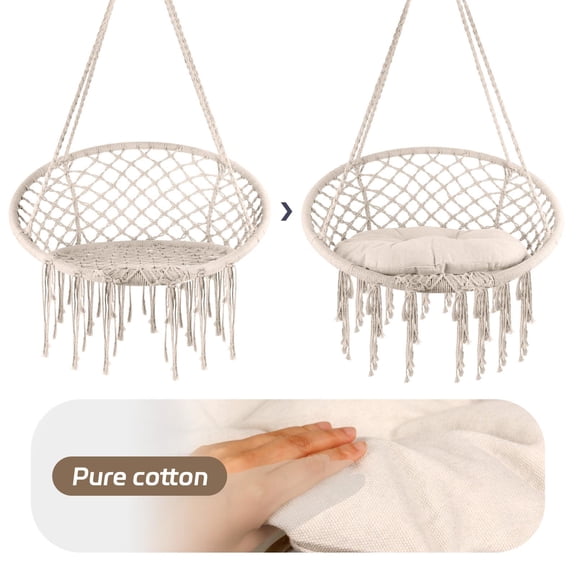 Hanging Rope Swing Chair, 28.74in Hand Woven Macrame Chair with Soft Cushion, 330LBS Weight Capacity for Indoor Outdoor Bedroom Balcony Patio Relaxation