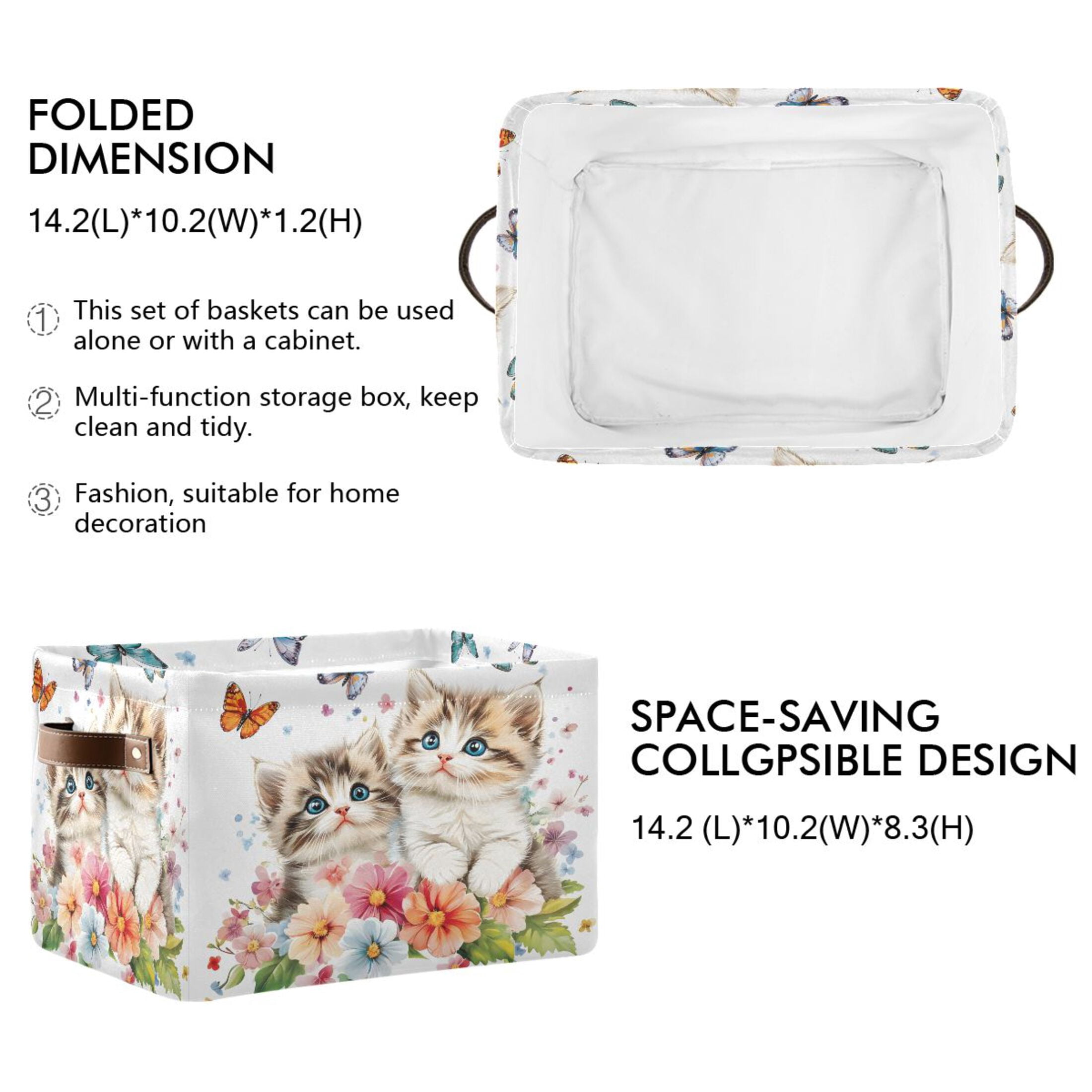 Ryvnso Cats Flower Butterfly Storage Basket Large Bin Foldable Boxes Toys Organizer 14.2x10.2x8.3in 2 PCs