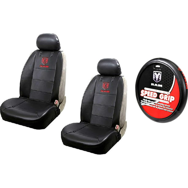 2 Front Synthetic Leather Sideless Seat Covers Steering Wheel Cover For Dodge Ram Car Truck Suv Com - Dodge Ram Logo Seat Covers