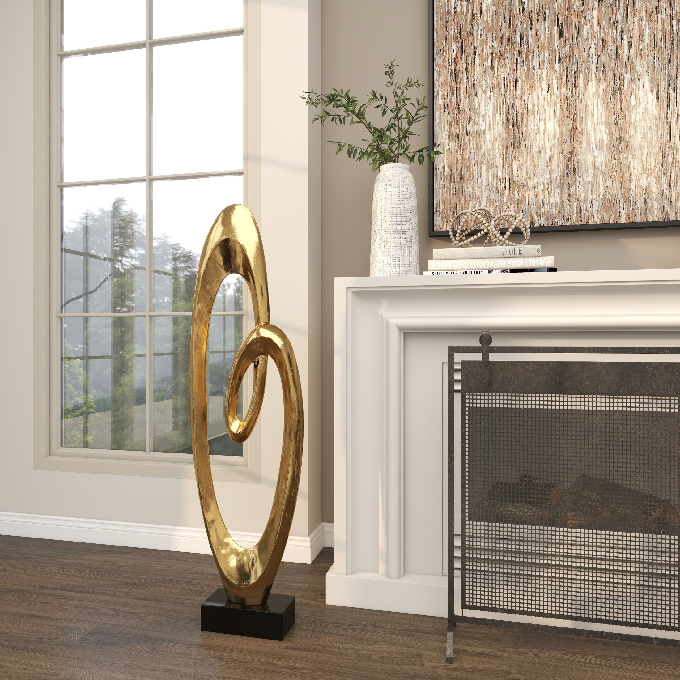 16" x 52" Gold Aluminum Metal Swirl Abstract Sculpture with Black Marble Base, by DecMode