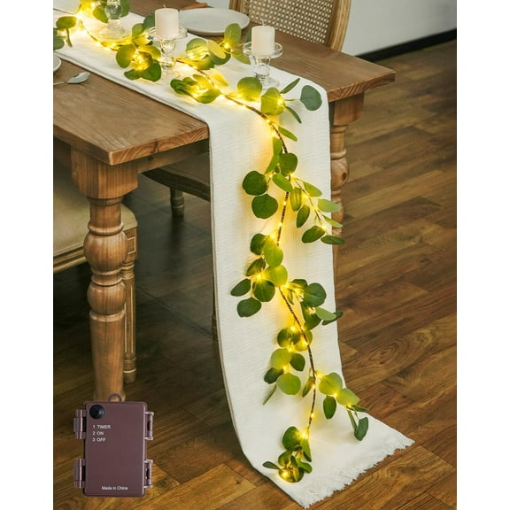 Artificial Eucalyptus Garland with Lights, 6FT Lighted Spring Garland Battery Operated with Timer for Mantel Fireplace Wedding Spring Valentine Decoration