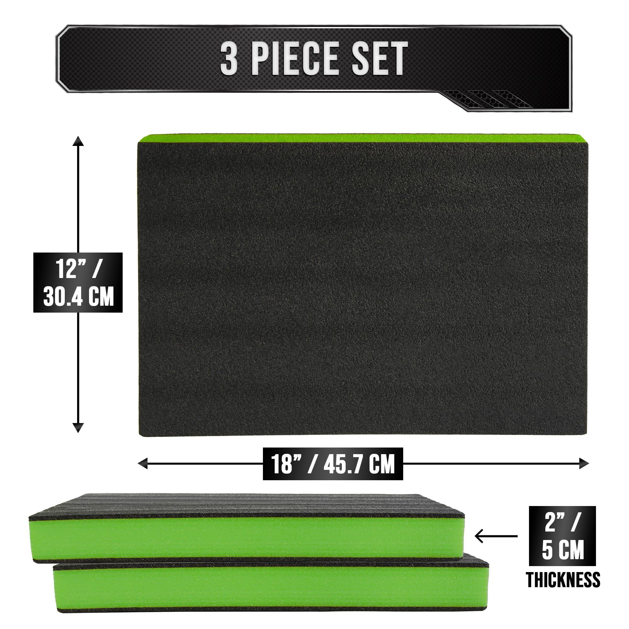 Precision Defined Tool Box Foam - Protective Inserts for Cases, Polyethylene Tool Foam for Cases, Cushion Insert for Toolboxes - 18" Black/Green (3 pack)