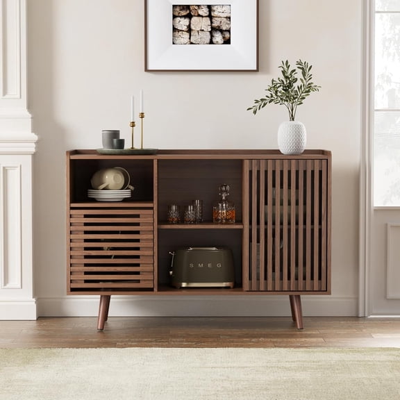 47.2" Buffet Cabinet with Storage, Mid-Century Sideboard Coffee Bar Cabinet with Sliding Door for Living Room, Dining Room, Kitchen, Hallway, Walnut