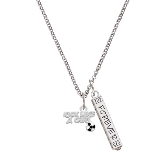 Delight Jewelry Silvertone Kick Like a Girl with Enamel Soccer Ball Silvertone Forever Bar Charm Necklace, 23"