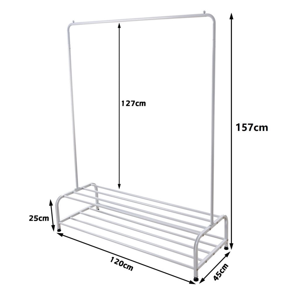 Heavy Duty Garment Rack, Metal Clothes Rack with Bottom Shelf, Freestanding Clothing Rack for Bedroom, Laundry Room, Entryway, Small Spaces, White