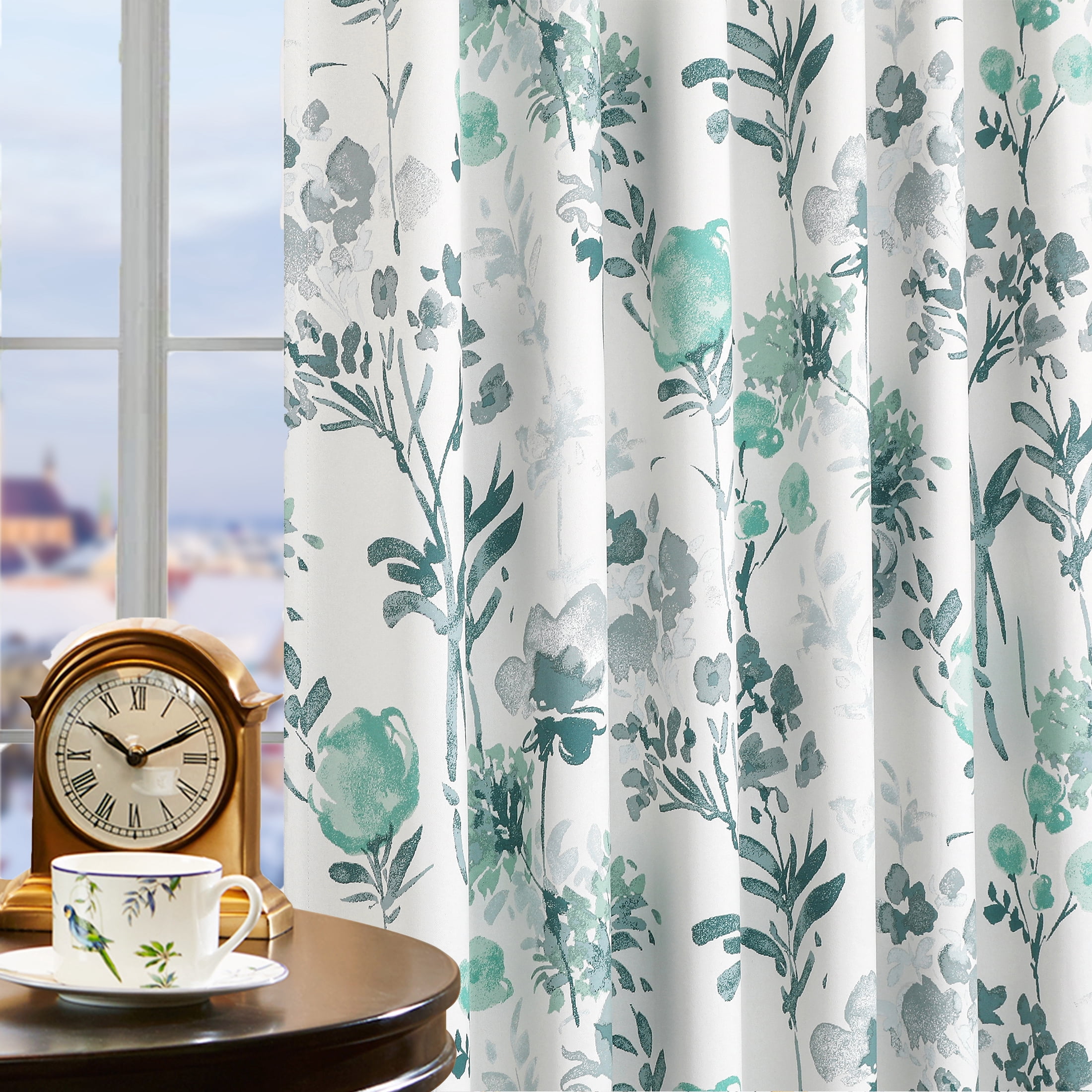 Decoultimatex Watercolor Floral Blackout Window Curtain Panels, Gray, 52"x 95"x 2