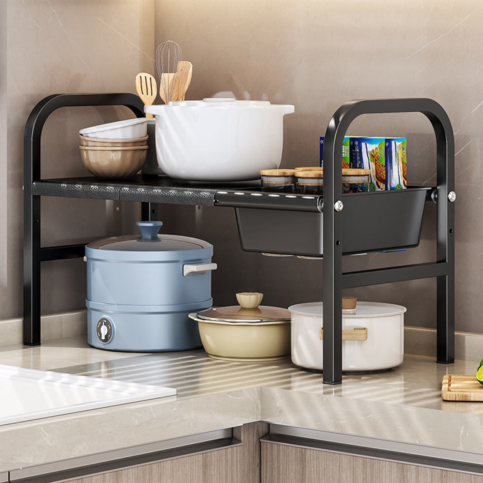 Expandable Under Sink Organizer, with Removable 2 Baskets and 2 Panels for Cabinet Sink Cloakroom Wardrobe Closet Storage(Black)