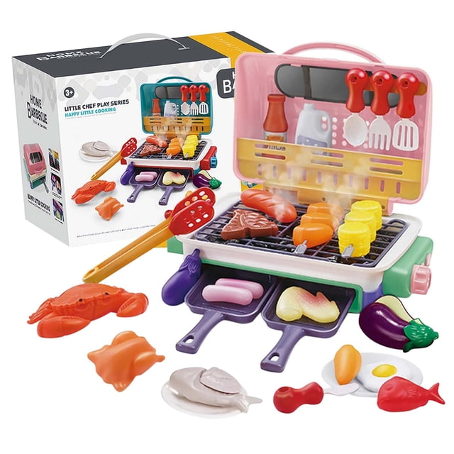 Children's Barbecue Rack Toy Kitchen Cooking Realistic Spray Light Sound Color Changing Game Food Set