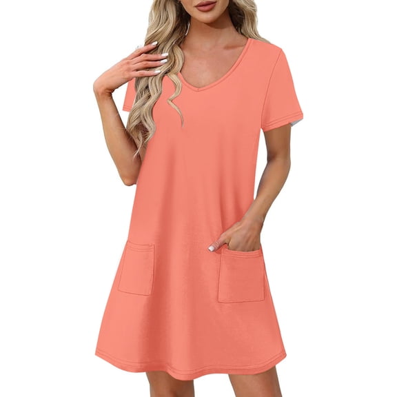 gakvbuo Summer Dress For Women Mini Dress Solid Color T-Shirt Dress A-Line Tunic Dress Casual Beach Short Dress