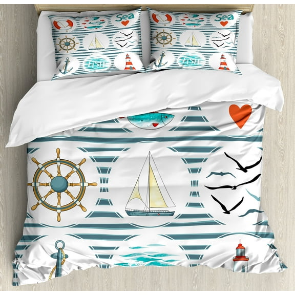 Nautical Duvet Cover Set, Sea Set Fishes Life Gulls Lighthouse Marine Inspired Maritime Theme, Decorative 3 Piece Bedding Set with 2 Pillow Shams, Calking Size, White Red Blue, by Ambesonne