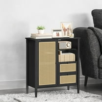 LEDREM Sideboard Cabinet with Rattan Doors - 2 Drawers, Adjustable Shelves & Cable Management, Multi-Functional Storage, Ink Black