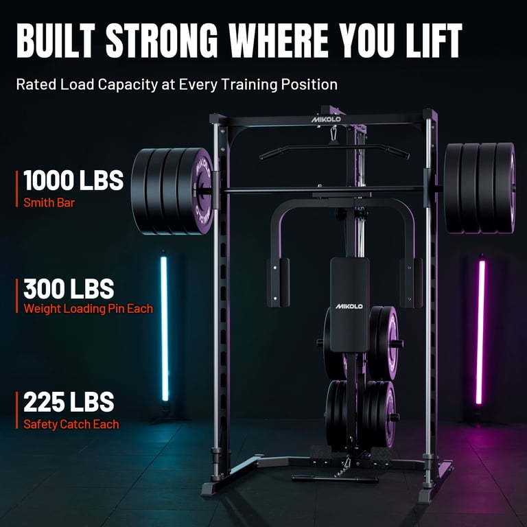 Mikolo Smith Machine Home Gym, Pec Deck, Lat Pull Down, Low Row