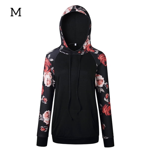 Sudadera con capucha para mujer, estampado floral, manga larga, bolsillo, suéter con capucha, top, negro, m Inevent AP000831-10