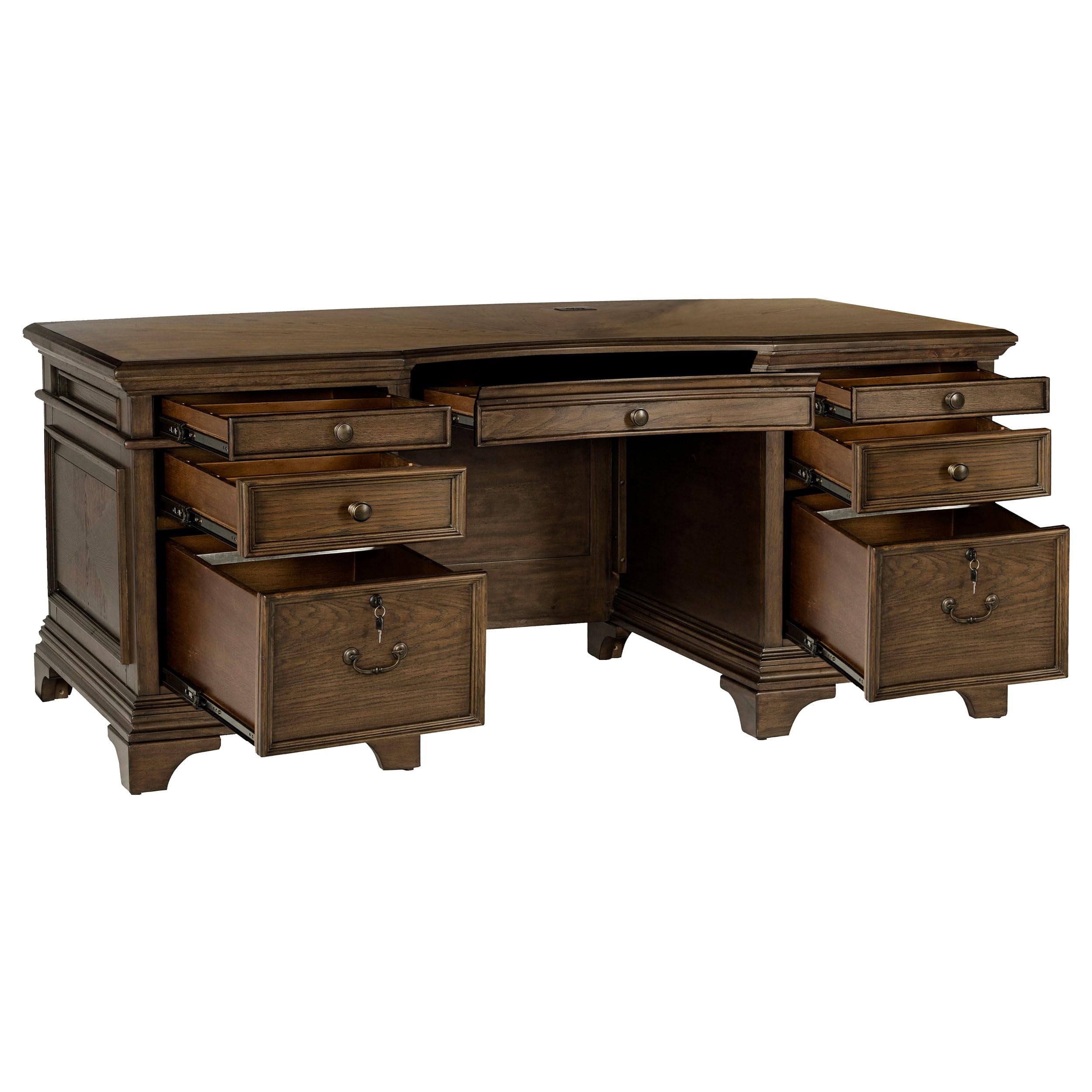 Pemberly Row Executive Desk with File Cabinets in Burnished Oak