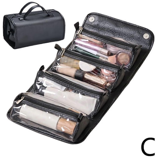 Travel Bag with 4 Detachable Transparent Compartments, Makeup Bag Leather