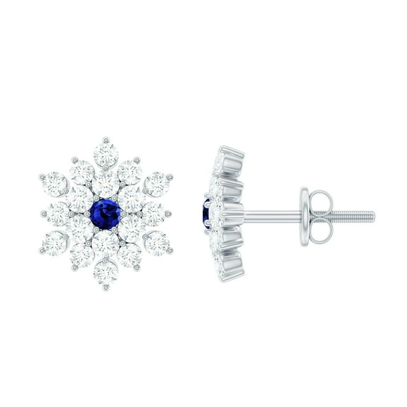 Rosec Jewels - Lab Grown Blue Sapphire Diamond Earrings - Flower Stud Earrings - AAAA Quality, 925 Sterling Silver