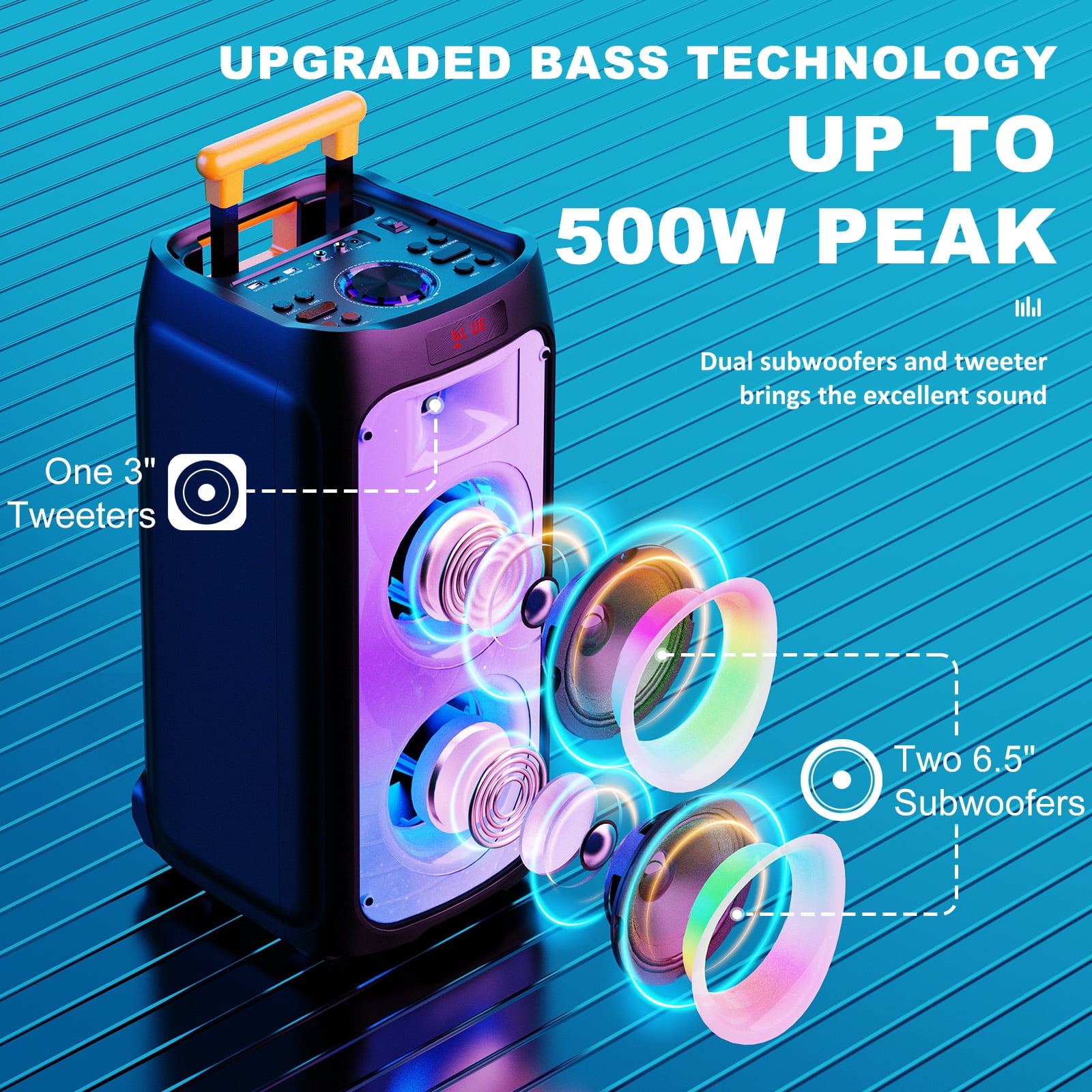 FanFun Large Bluetooth Speaker, 23.82" Big Party Speaker with Wheels, Trolley Bar, DJ Light, 500W Peak Power, Deep Bass Portable Outdoor Speaker System with Karaoke Microphone, Usb, Aux in