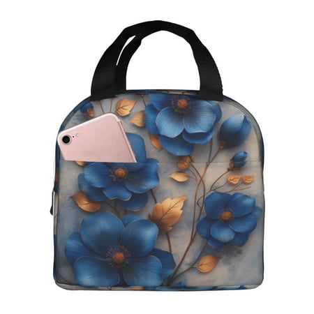 Insulated Lunch Bag for Women Men - Elegant Blue Gold Blooms Leakproof Cooler Lunch Box for Women Men  Lunch Tote Bags for Work School Picnic Travel