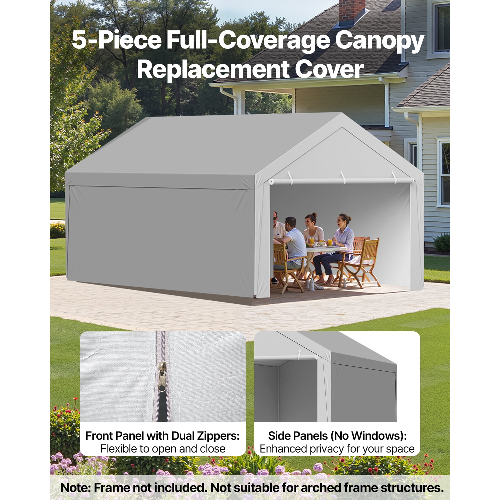 KFFKFF Carport Replacement Canopy, 12 x 20 ft Portable Garage Cover with Side Panels, UV-Resistant and Waterproof, Durable Car Shelter Tarp with Ball Bungees, Grey, Frame Not Included