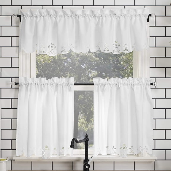 Mariela Floral Trim Semi-Sheer Rod Pocket Kitchen Curtain Valance and Tiers Set 58" x 24" White