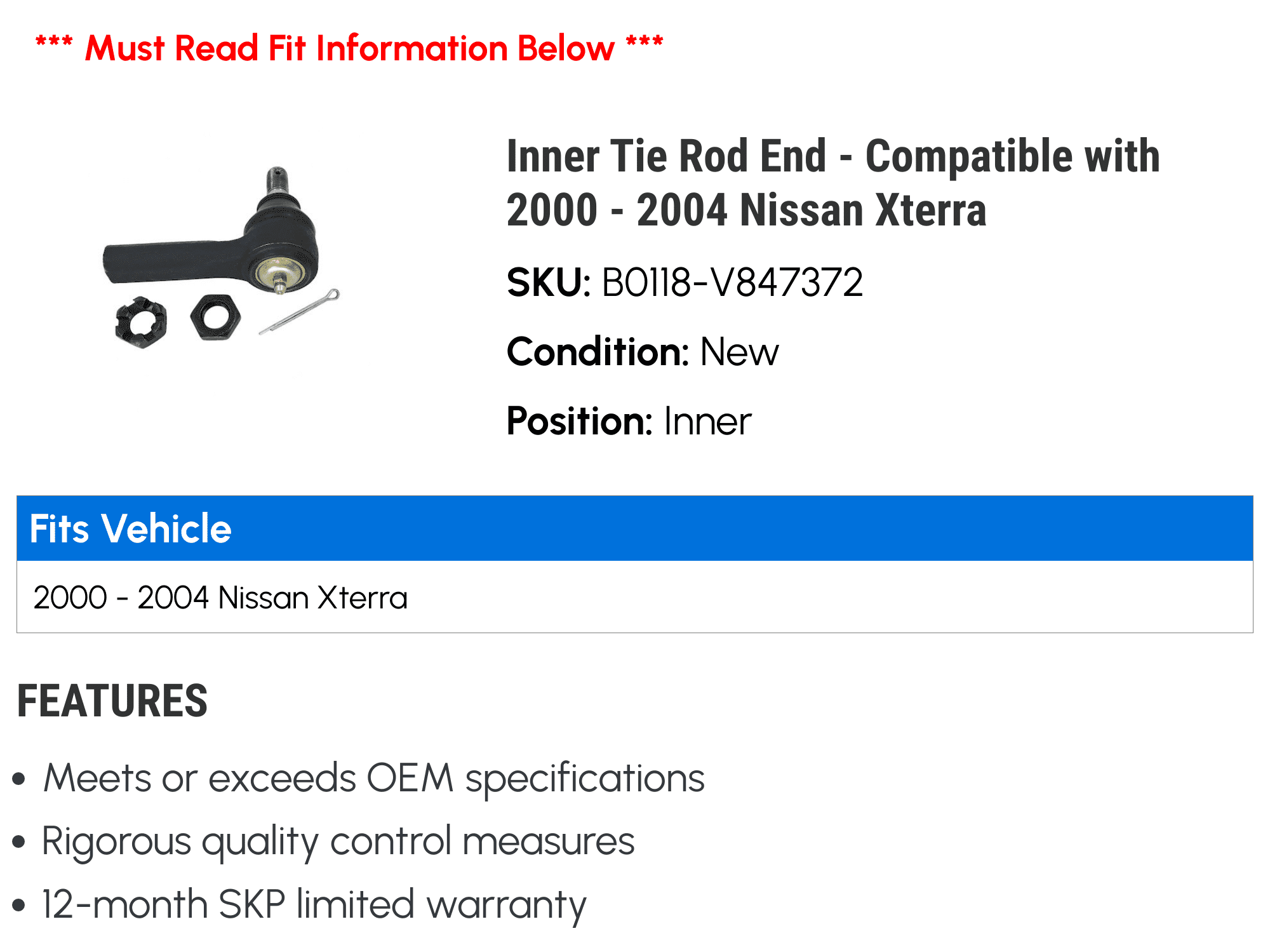 Inner Tie Rod End - Compatible with 2000 - 2004 Nissan Xterra 2001 2002 2003