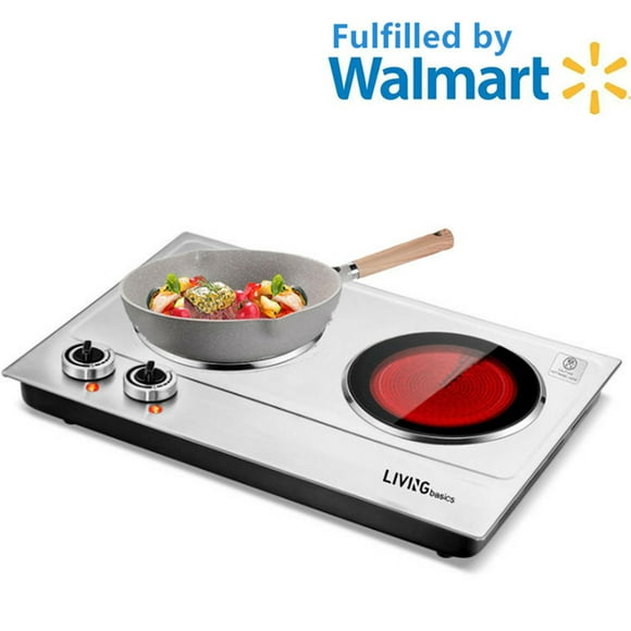 1800W Ceramic Electric Countertop Burner, Dual Infrared Hot Plates Cooktop Stainless Steel Cooker with Adjustable Temperature Control and Non-Slip Rubber Feet