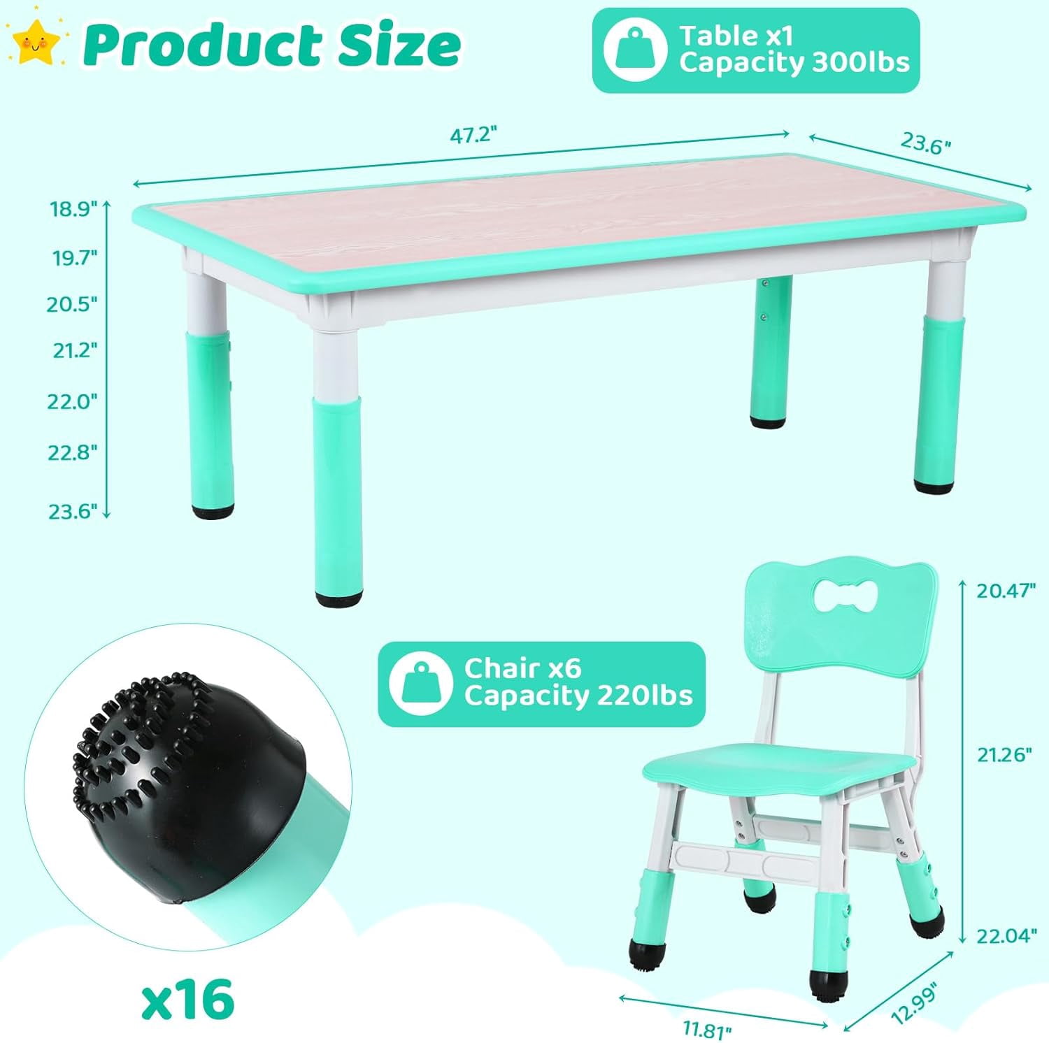 Pirecart Kids Table and Chairs Set Height Adjustable Graffiti Table, Preschool Activity Art & Craft Table and Chairs Set, Green