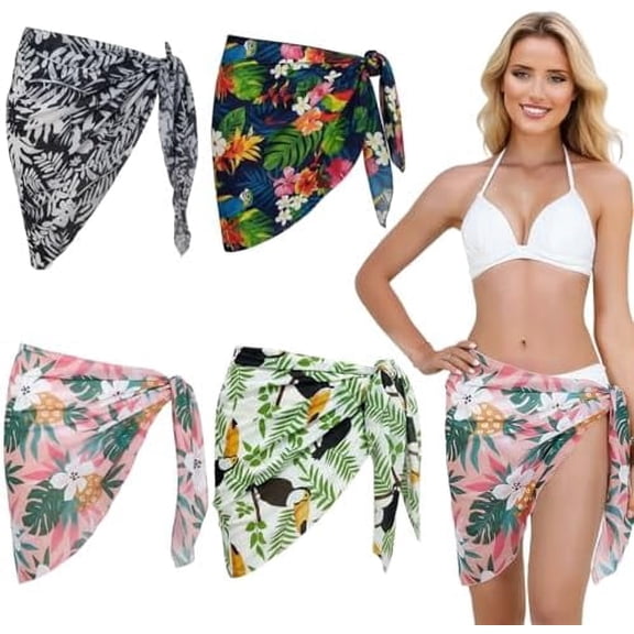 4Pcs Sarong Swimsuit Coverups for Women, Beach Chiffon Bikini Wrap Sheer Short Wrap Skirt for Poolside Seaside