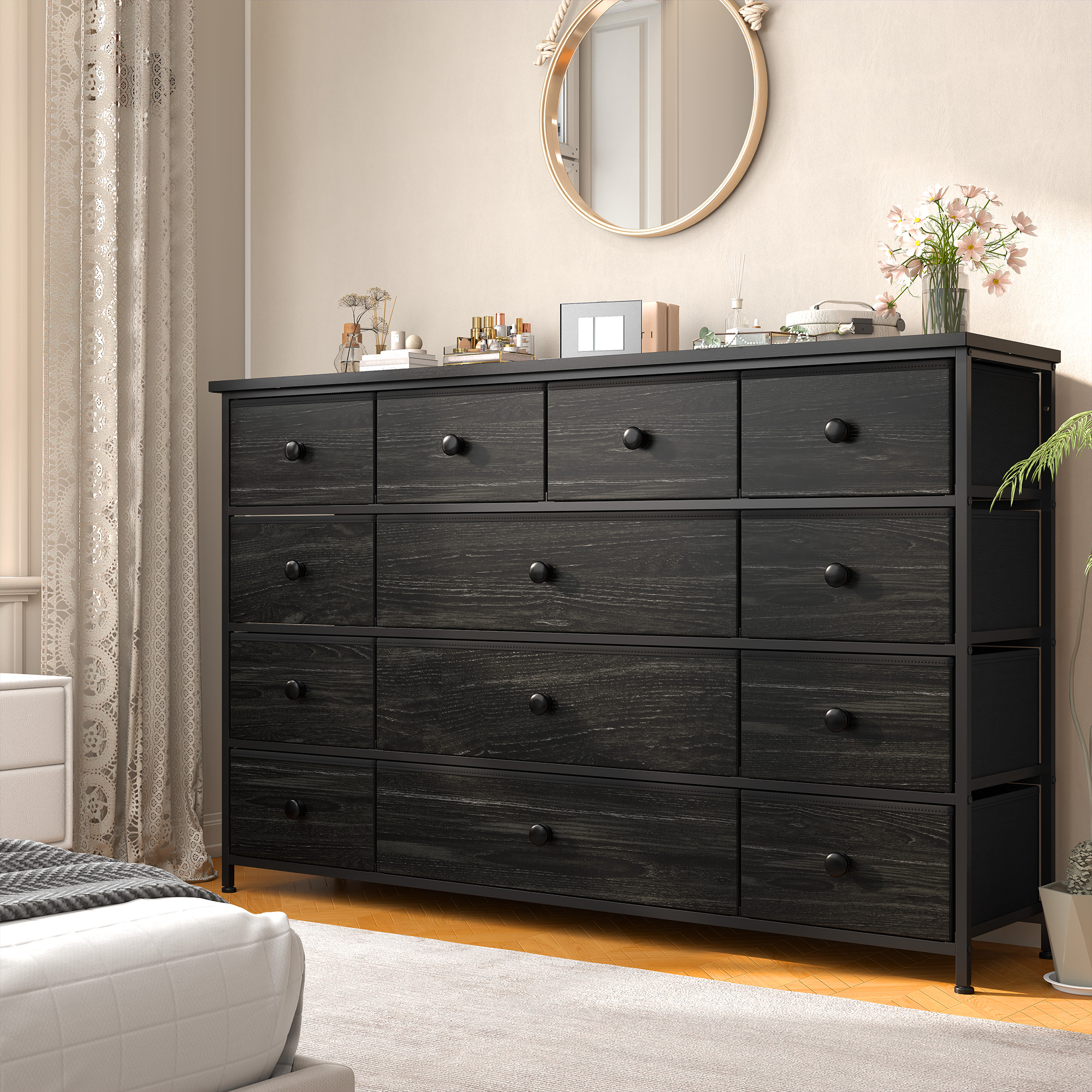 Romorgniz Dresser TV Stand, 13 Drawer Dressers for Bedroom, Chest of Drawers for 45" Long TV, Fabric Dresser for Storage, Black