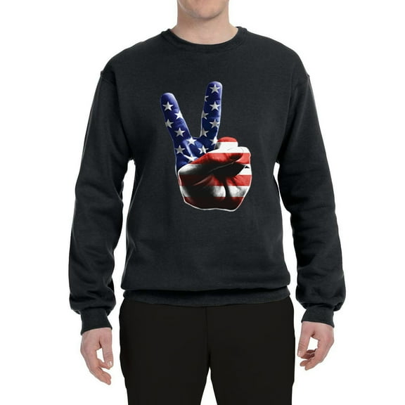 Wild Bobby, American Flag Peace Sign Hand Pop Culture Unisex Crewneck Graphic Sweatshirt, Black, Small